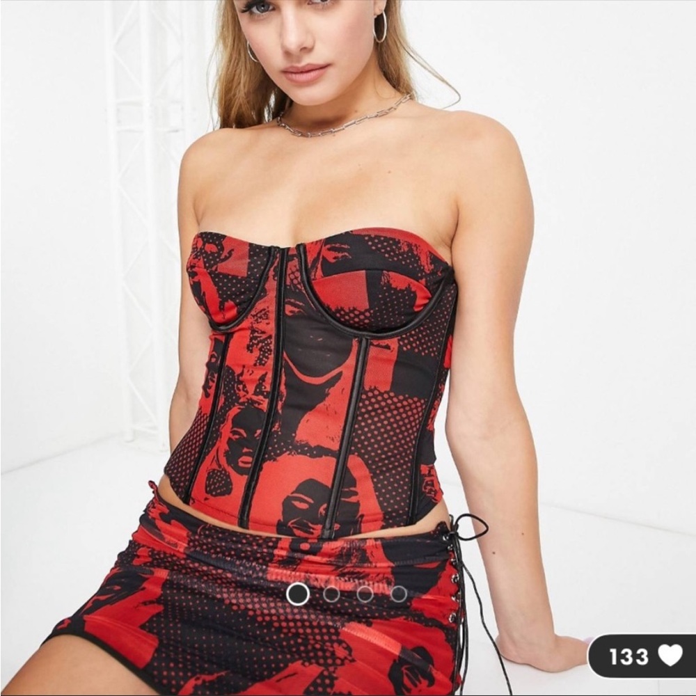 ASOS Edikted Red and Black Strapless Corset Crop Top Sz-Sm